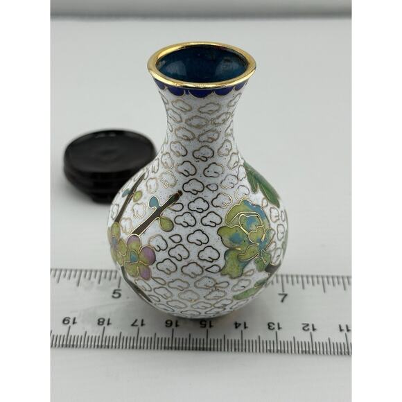 Vintage Mini Chinese Enameled Cloisonne Vase w/ Stand 3 inch White Floral - Picture 7 of 8
